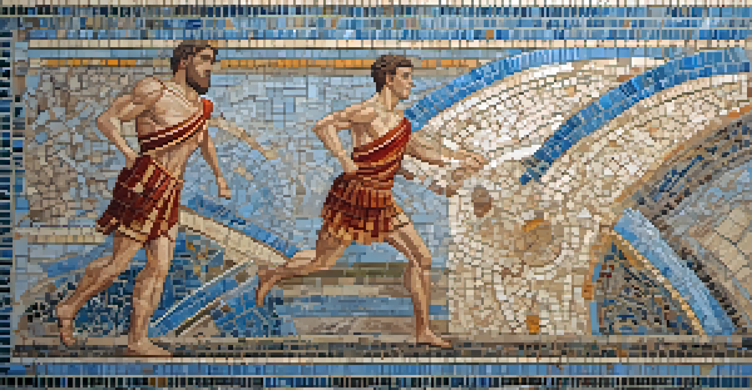 A detailed mosaic depicting a Roman athlete in a dynamic pose, made with vibrant colored tiles.