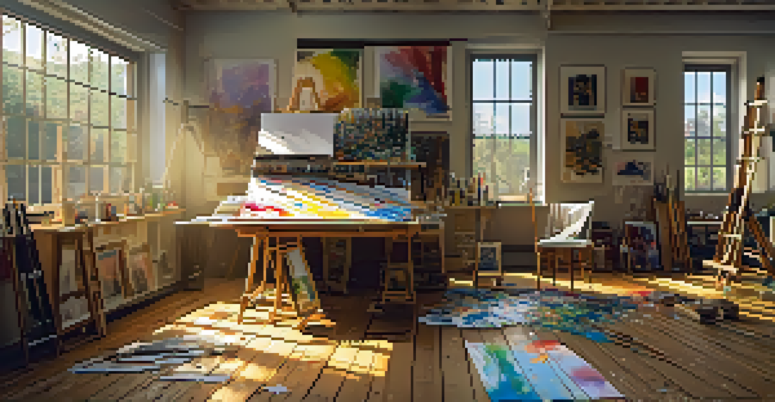 A vibrant artist's studio with paint splatters, canvases, and sunlight illuminating the creative space.
