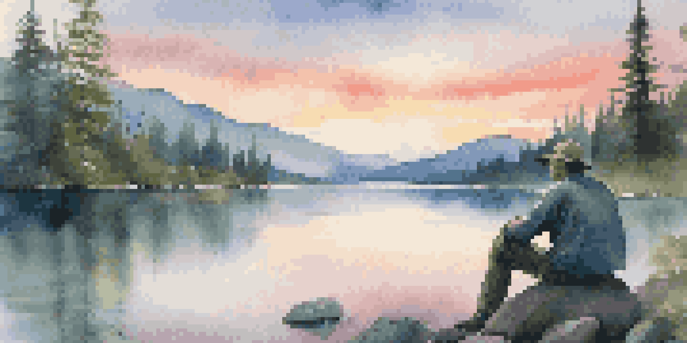 A tranquil mountain landscape at sunrise with an artist sketching by the lake.