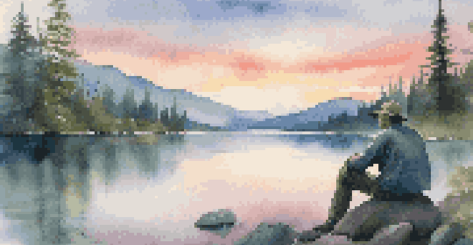 A tranquil mountain landscape at sunrise with an artist sketching by the lake.