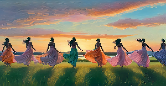 A group of diverse dancers performing in a beautiful outdoor setting at sunset, with warm sky colors and a reflective lake.