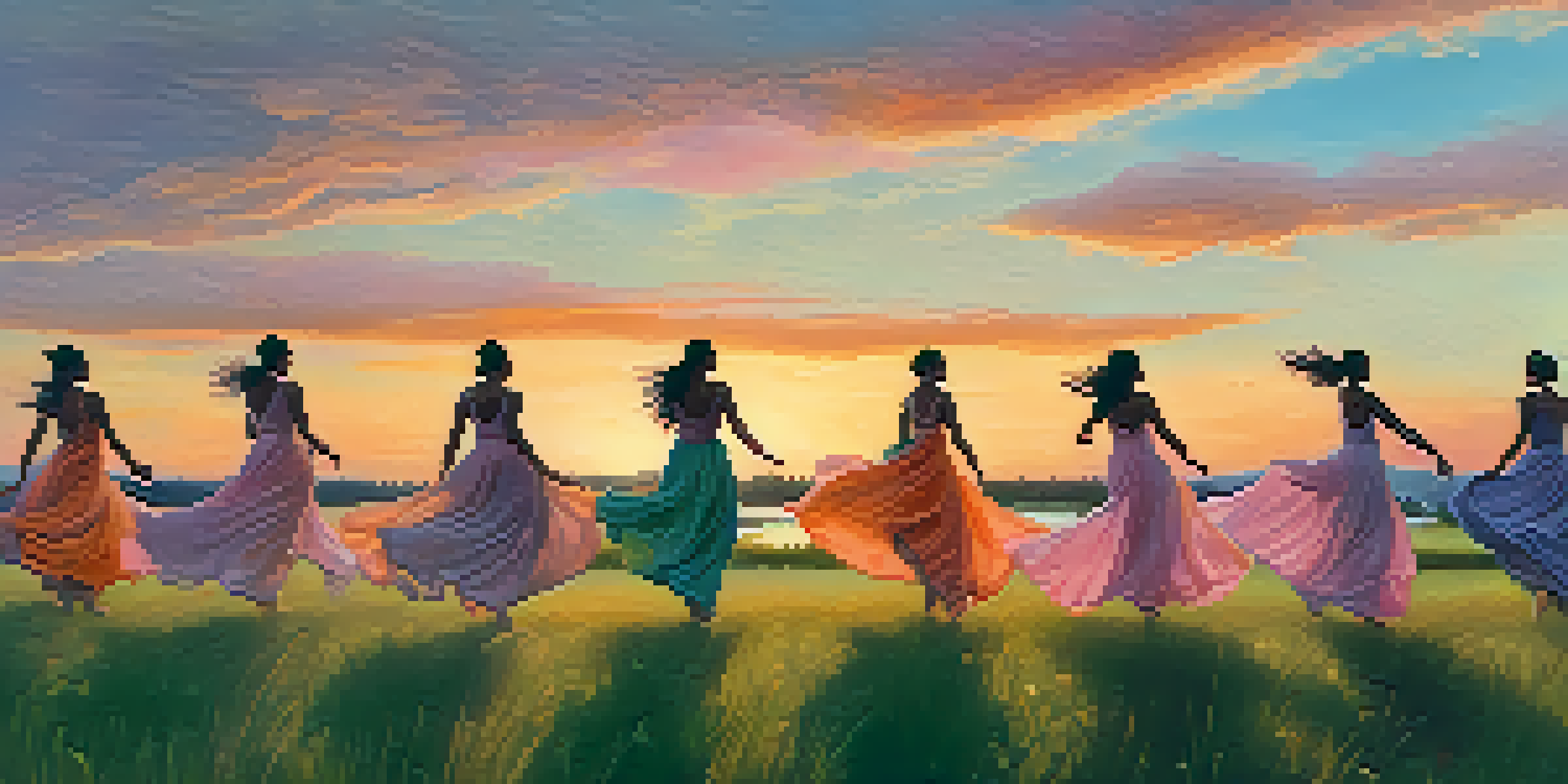 A group of diverse dancers performing in a beautiful outdoor setting at sunset, with warm sky colors and a reflective lake.