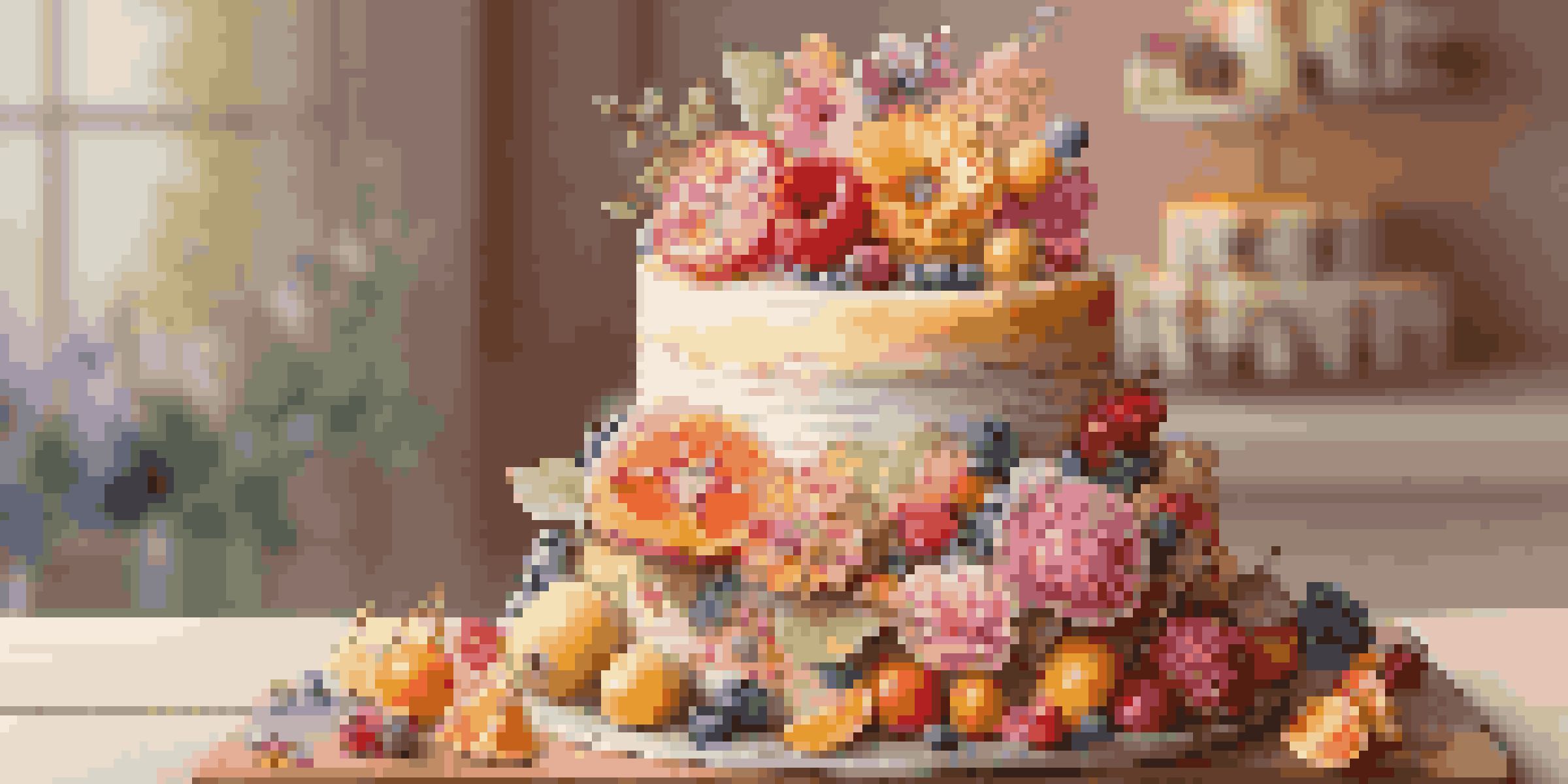 An intricately decorated cake with edible flowers and sugar sculptures on a wooden table, illuminated by soft natural light.