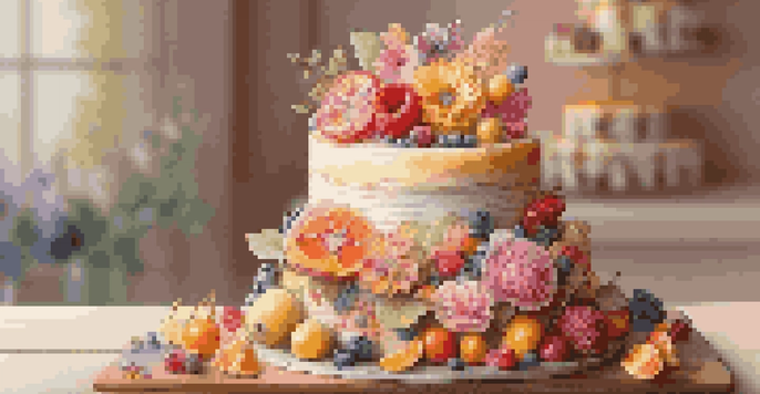An intricately decorated cake with edible flowers and sugar sculptures on a wooden table, illuminated by soft natural light.