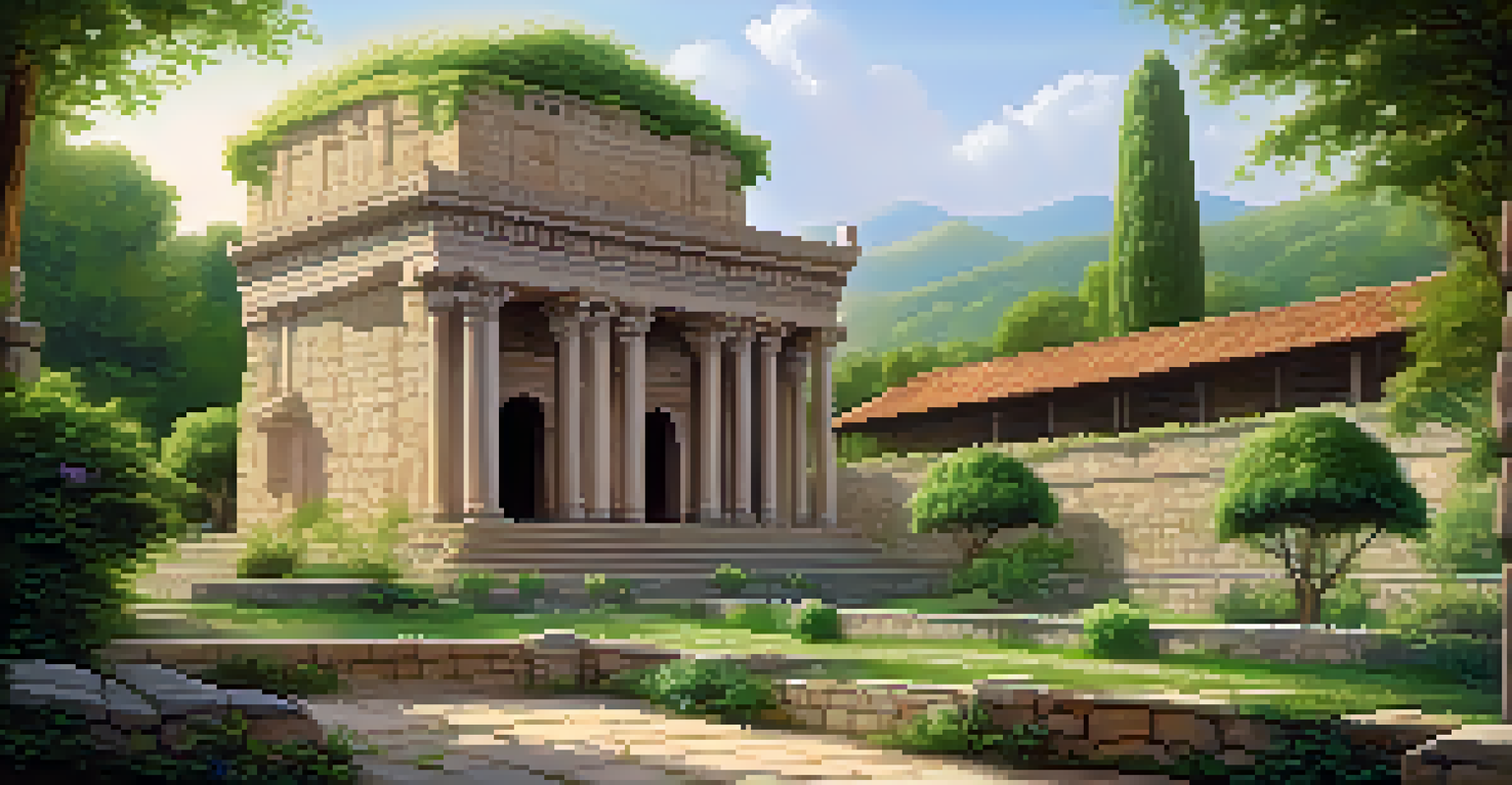 A historical site enveloped in nature, with ancient stone architecture and lush greenery, illuminated by soft morning light.