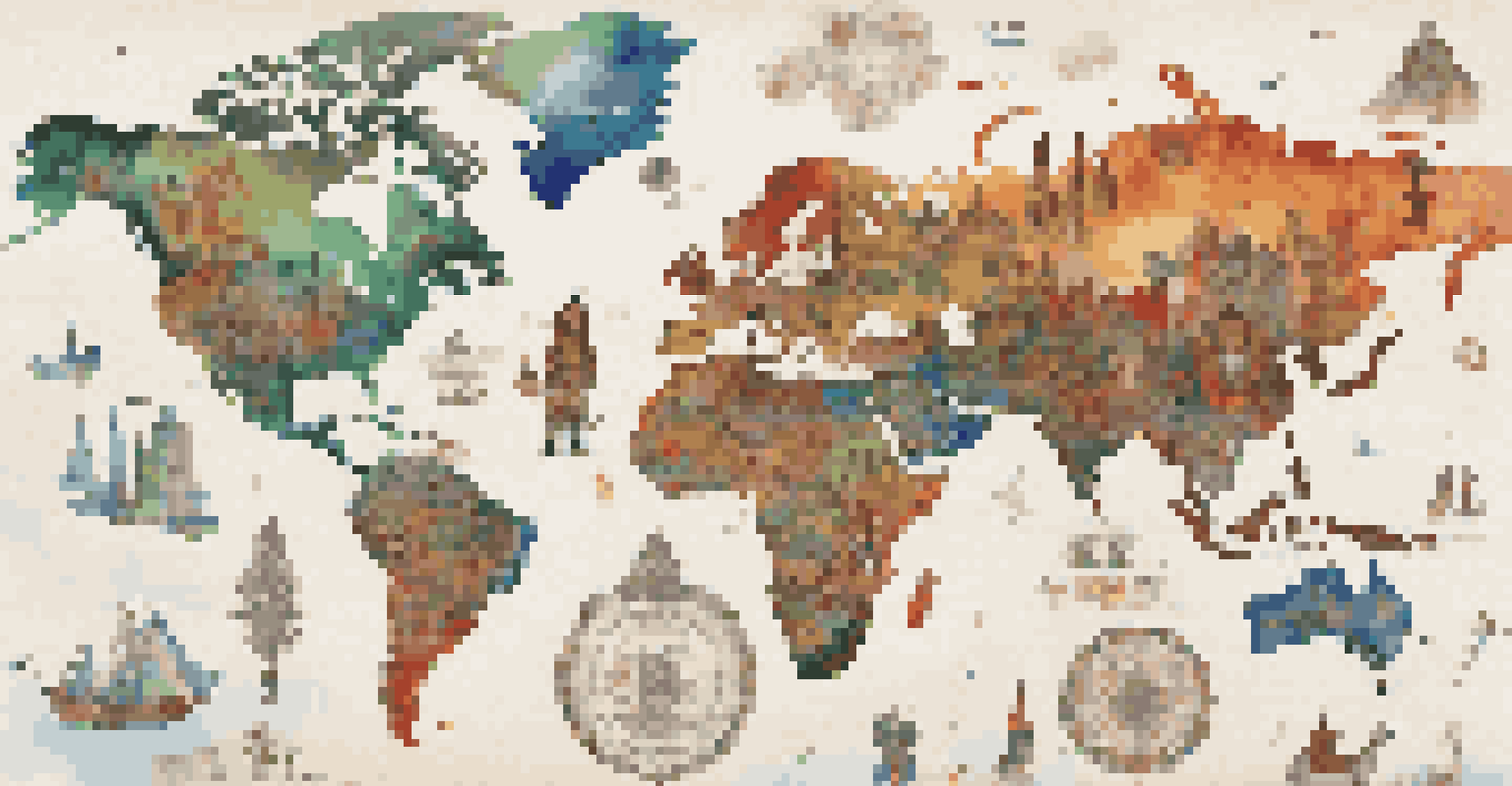 A colorful world map made of cultural symbols and languages, representing global narratives.
