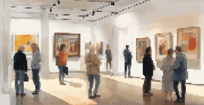 An art gallery filled with contemporary artworks and visitors engaging with the art.