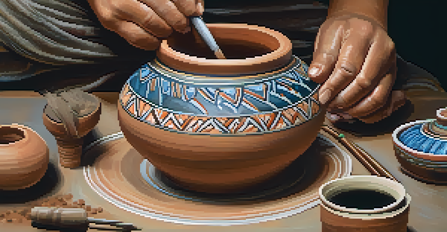 Close-up of hands working on traditional pottery with colorful designs in a well-lit workshop.