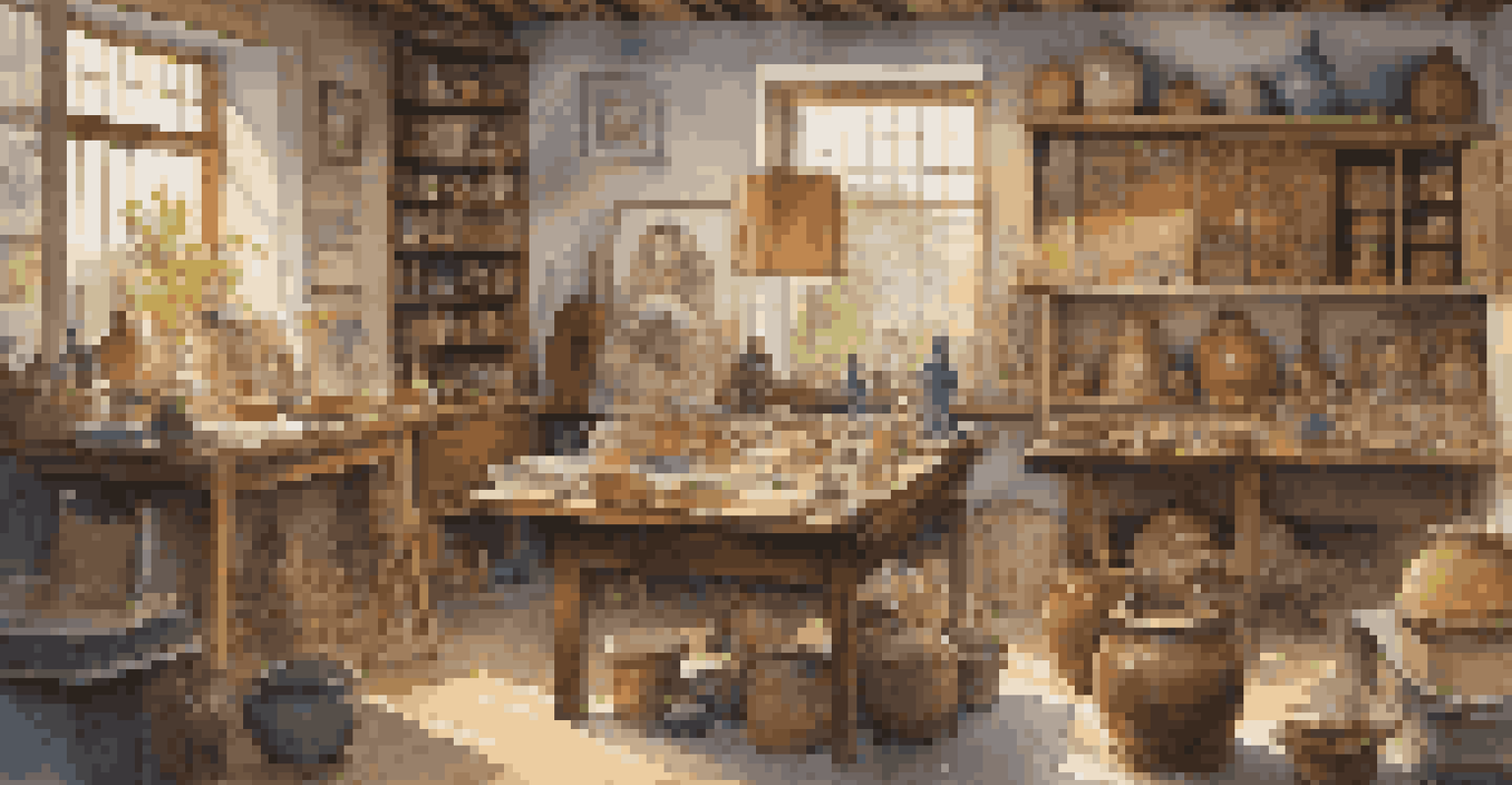A creative studio showcasing a blend of traditional crafts and modern art, with an artist at work amidst warm lighting.