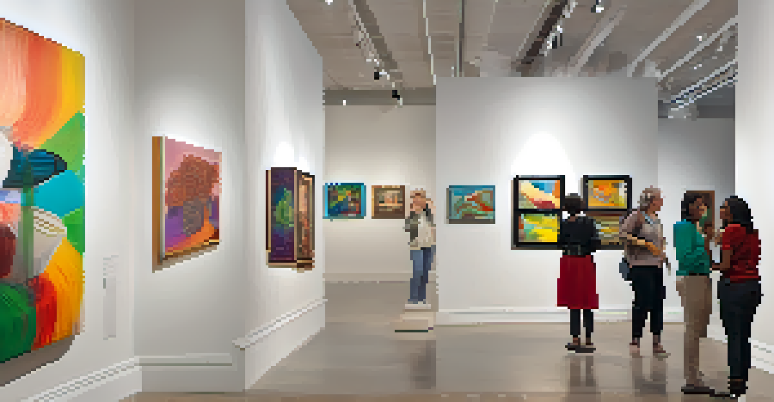 An art exhibition showcasing diverse artwork by emerging artists, with visitors engaging and discussing the pieces under vibrant gallery lighting.