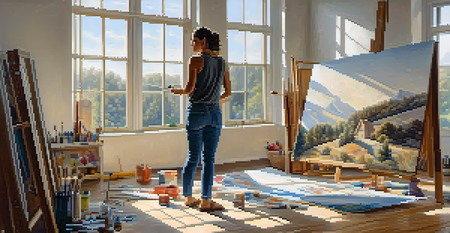 An artist in a well-lit studio passionately painting a canvas depicting a raised fist, symbolizing strength and solidarity, with art supplies around.