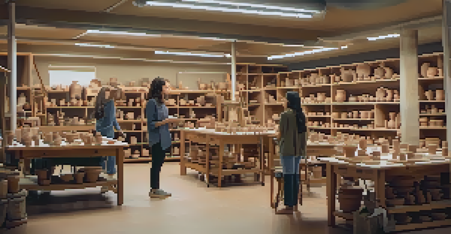 A cozy art studio where students are engaged in pottery, surrounded by clay and finished ceramics, with warm lighting enhancing the creative atmosphere.