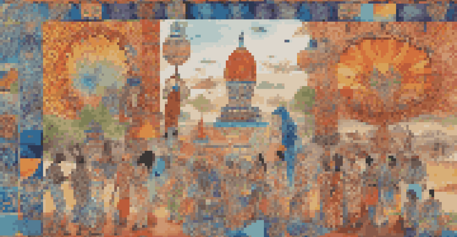 A colorful global collaboration artwork displayed in an online gallery, showcasing elements from various cultures.
