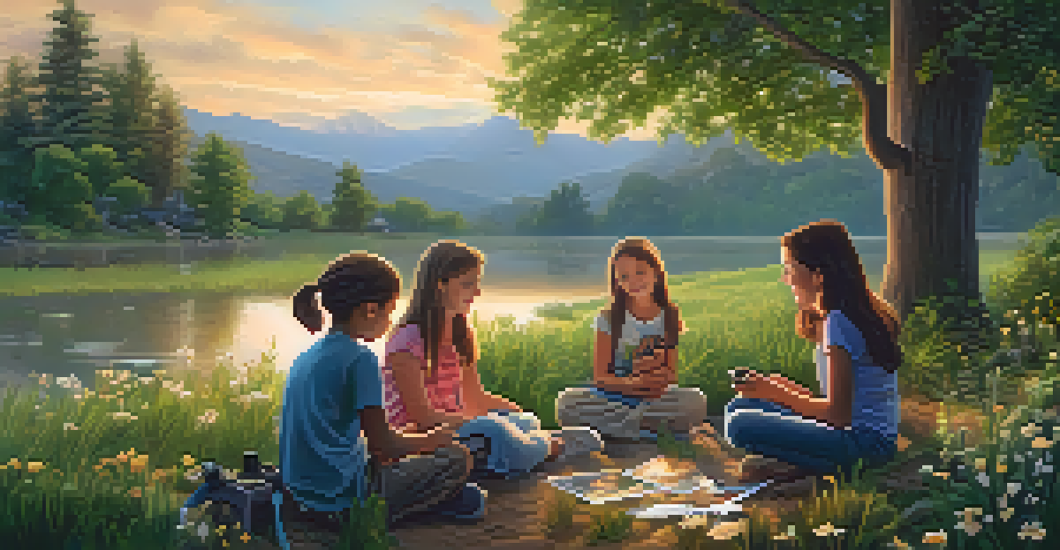 A family taking photographs in a beautiful outdoor setting, with a sunset in the background and flowers surrounding them.