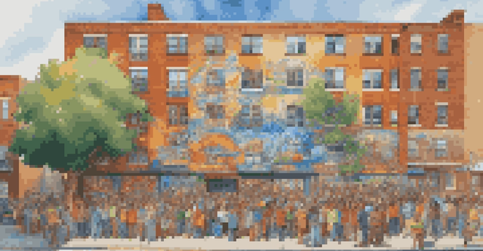 A colorful mural on a brick wall showcasing local heroes and cultural symbols, with people admiring it under the sunlight.