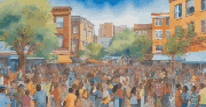 A colorful mural showing a diverse group of people from various generations discussing social justice, with floral patterns around them.