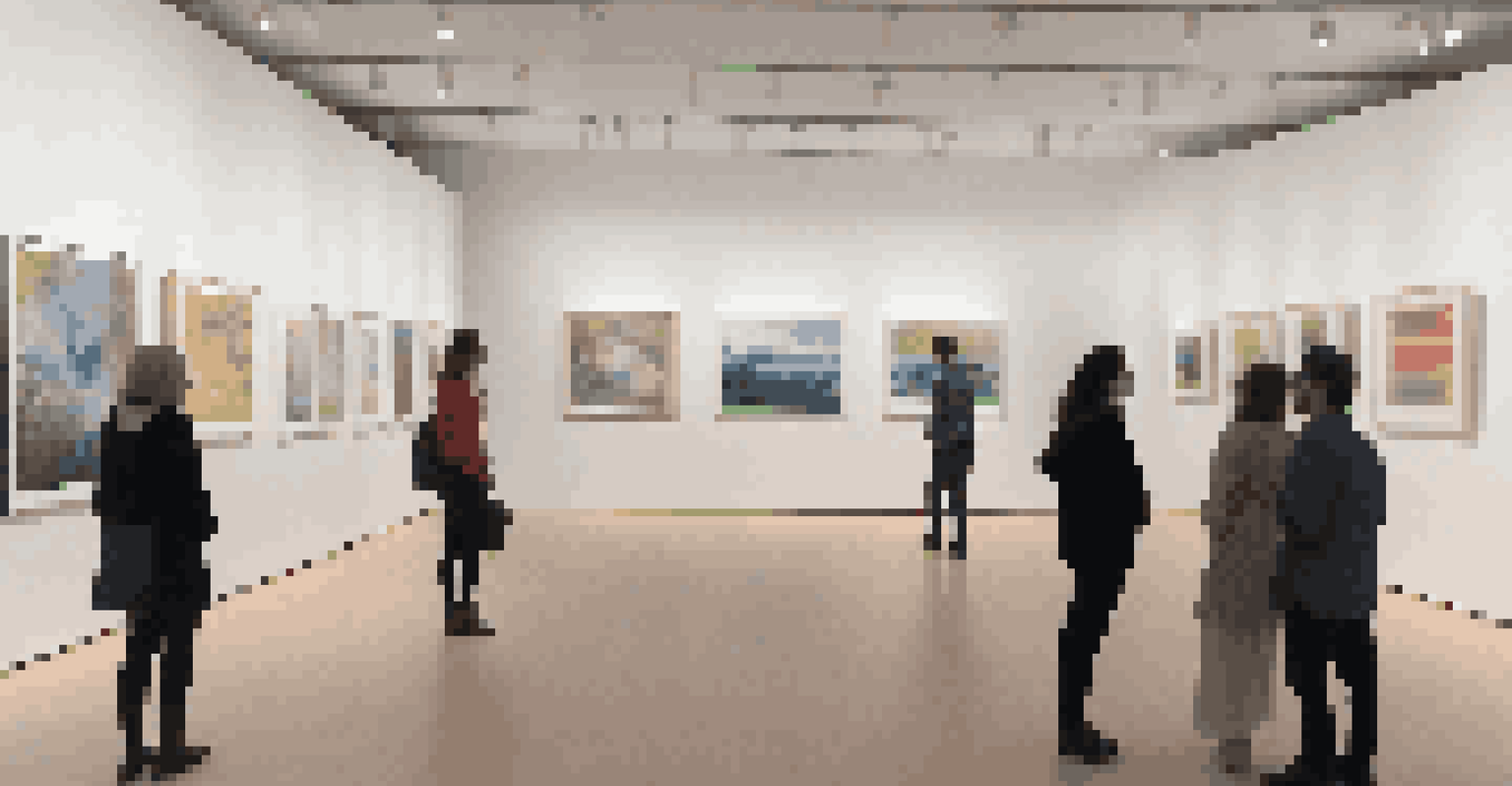 A serene gallery space with visitors admiring digital artworks on screens, featuring information panels about art documentation.