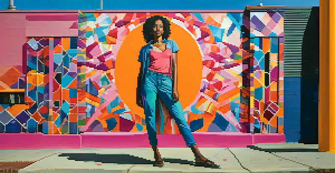 A colorful street mural of a strong female figure in an urban environment with abstract patterns.