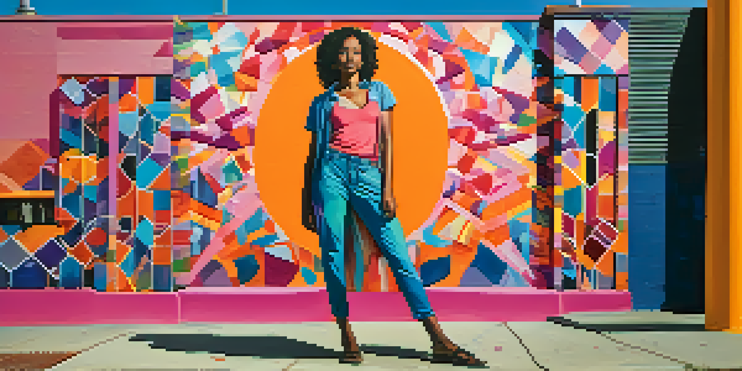 A colorful street mural of a strong female figure in an urban environment with abstract patterns.