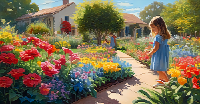 A young child finger painting in a colorful garden filled with blooming flowers under warm sunlight.