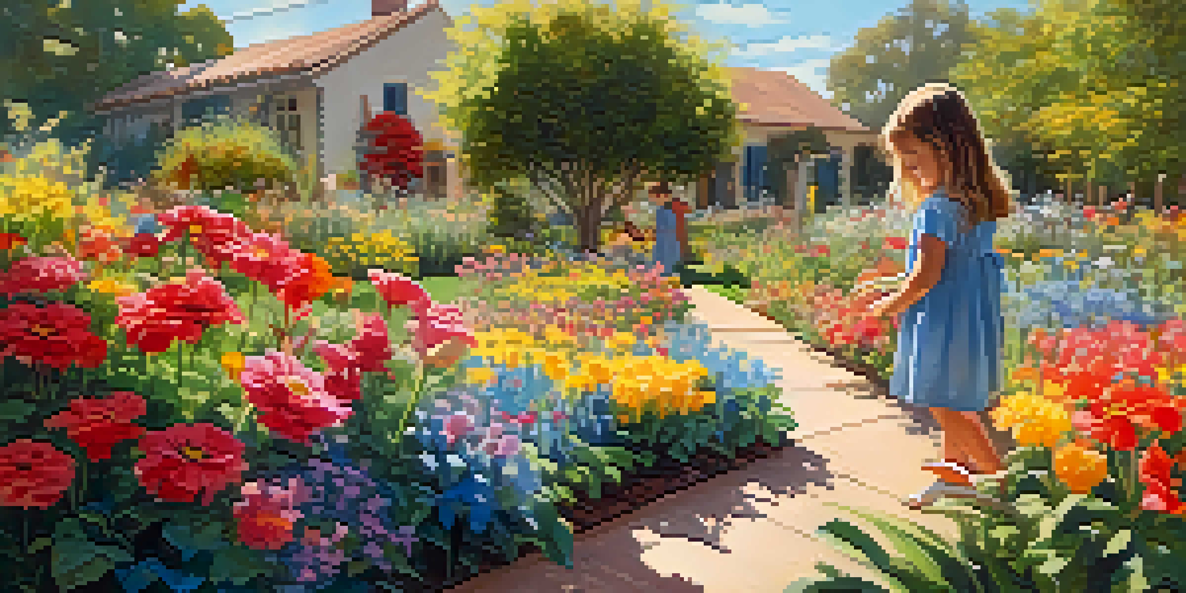 A young child finger painting in a colorful garden filled with blooming flowers under warm sunlight.
