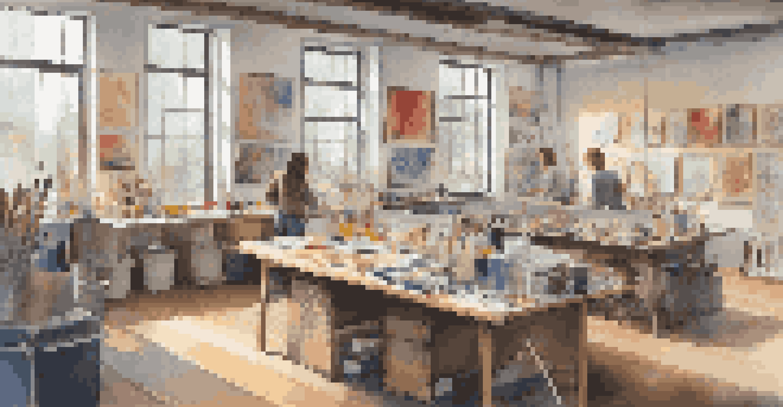 The interior of an art collective's studio with collaborative workspace, art supplies, and colorful artworks on display.
