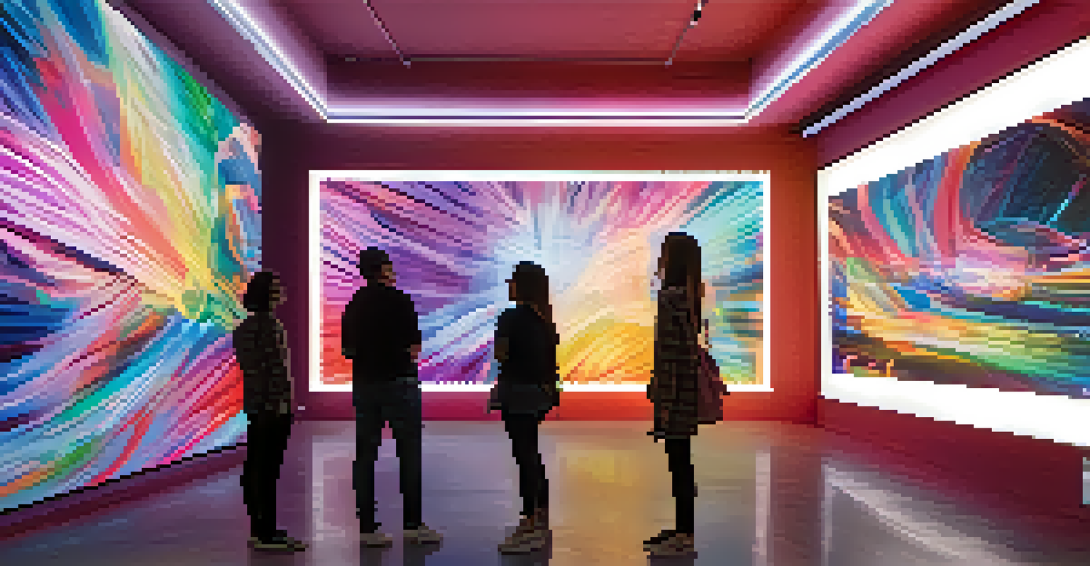 A modern gallery showcasing digital art installations, with visitors interacting with colorful displays on large screens.