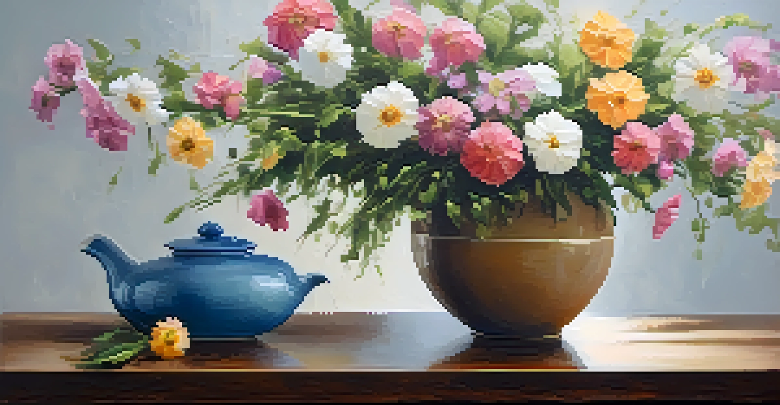 A still life of a vase with flowers on a textured table, highlighting smooth brushwork for the flowers and thick impasto texture on the table.