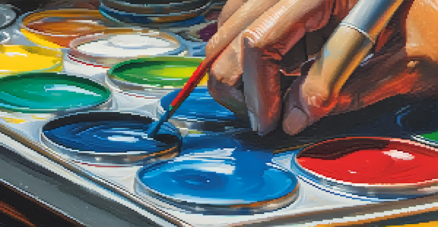 Close-up of artist hands mixing vibrant paints on a palette, emphasizing texture and color blending.