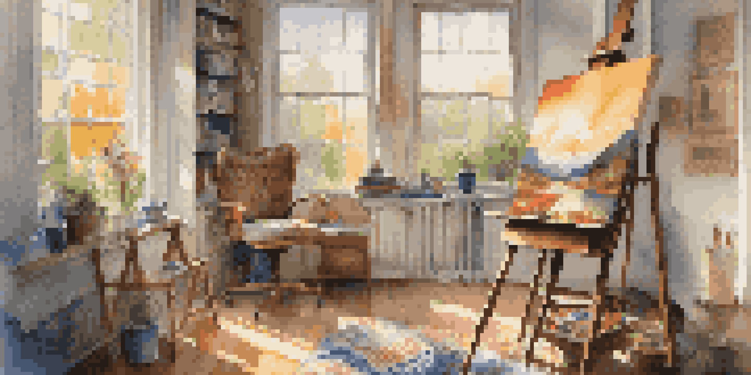 A bright artist's studio featuring an easel with a colorful landscape painting in progress, surrounded by paint tubes and brushes.