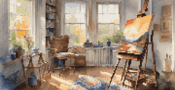 A bright artist's studio featuring an easel with a colorful landscape painting in progress, surrounded by paint tubes and brushes.