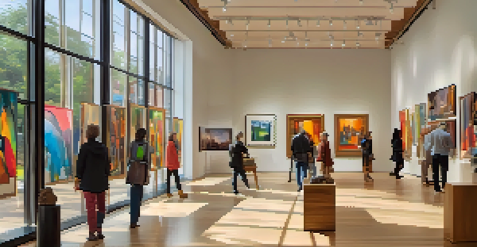 A lively art gallery filled with diverse visitors admiring contemporary artworks under bright lighting.