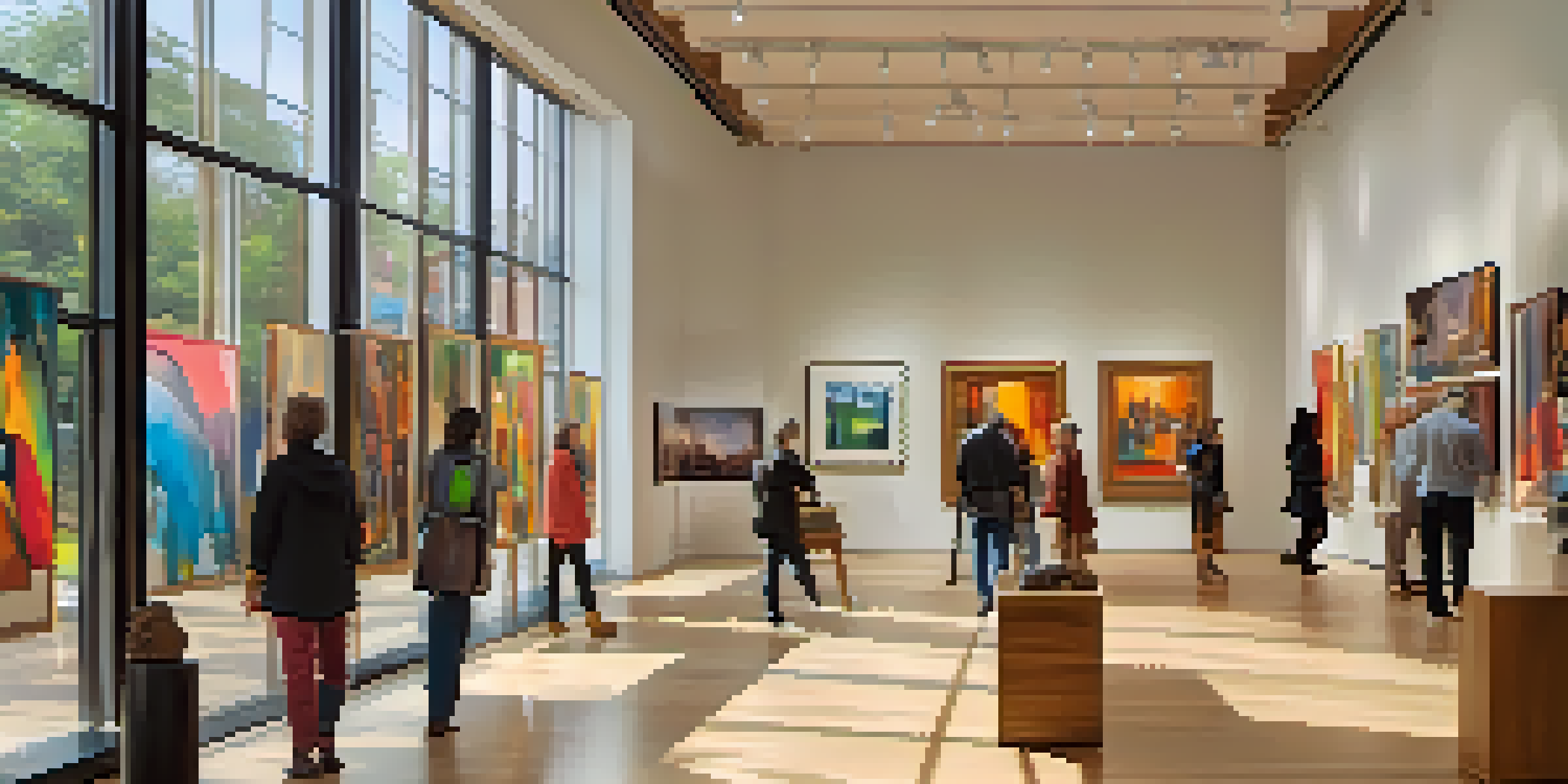 A lively art gallery filled with diverse visitors admiring contemporary artworks under bright lighting.