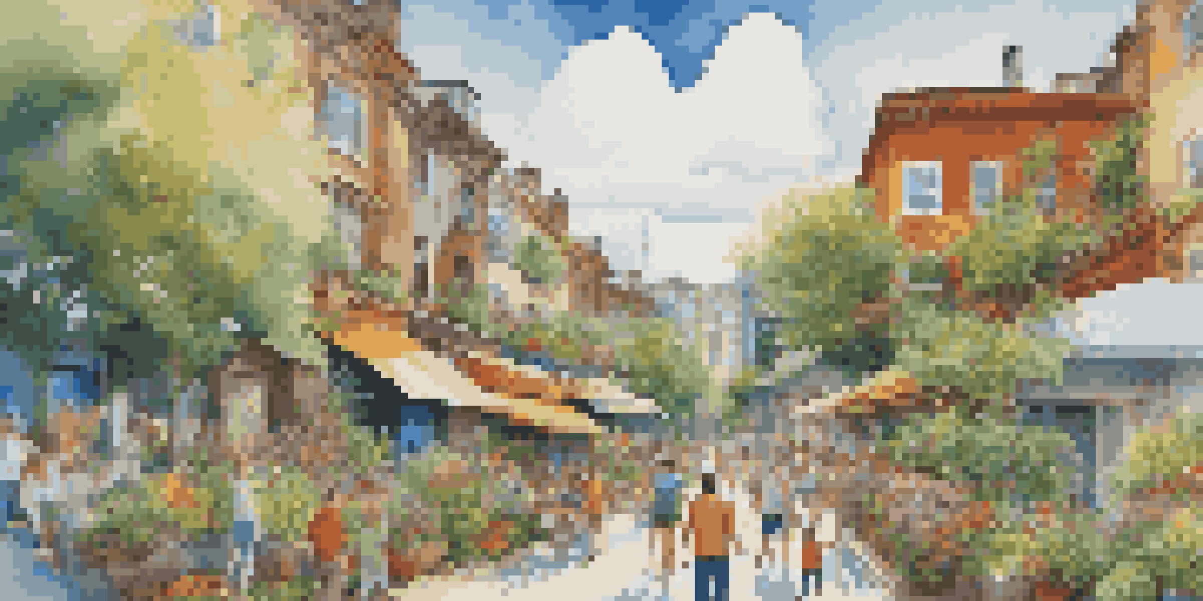 A colorful mural showing a thriving city surrounded by nature, with people enjoying the outdoors.