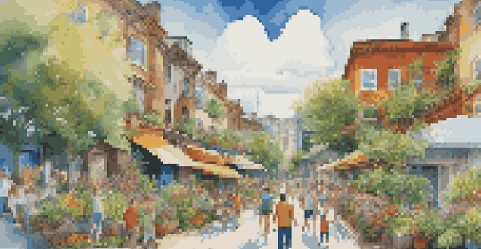 A colorful mural showing a thriving city surrounded by nature, with people enjoying the outdoors.