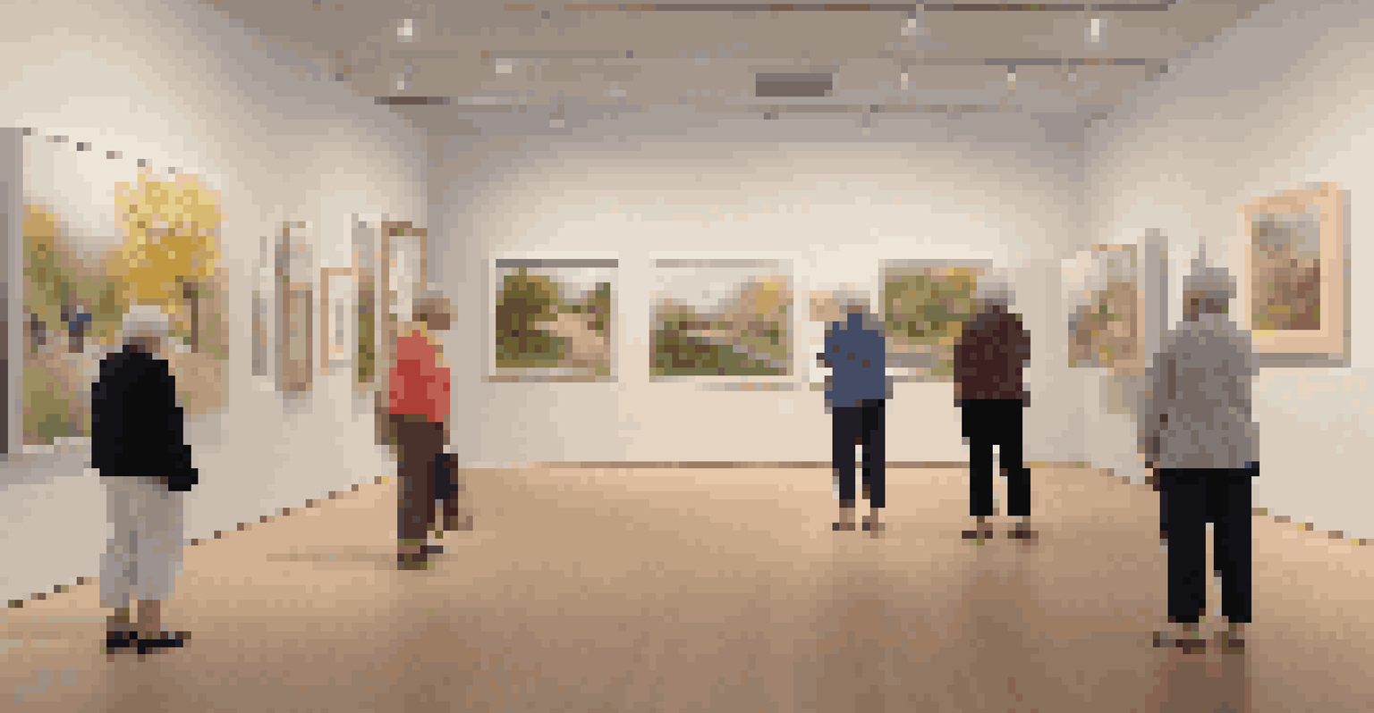 A virtual reality gallery displaying positive representations of aging through various artworks, with warm lighting.