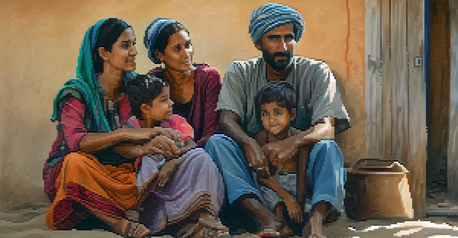 A refugee family sitting together in their temporary shelter, showcasing expressions of hope and determination amidst a contrasting environment.