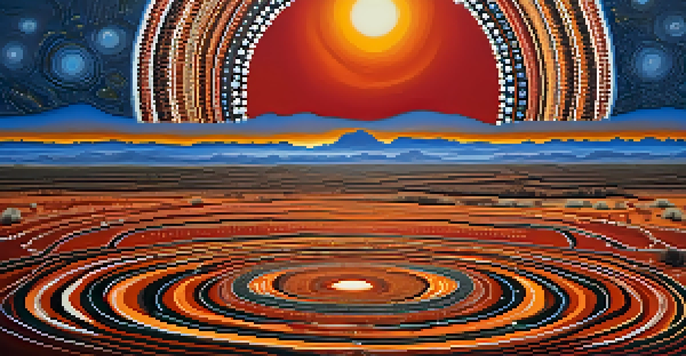 An Aboriginal art piece showing a Dreamtime story with colorful patterns, concentric circles, and a red desert landscape under a blue sky.
