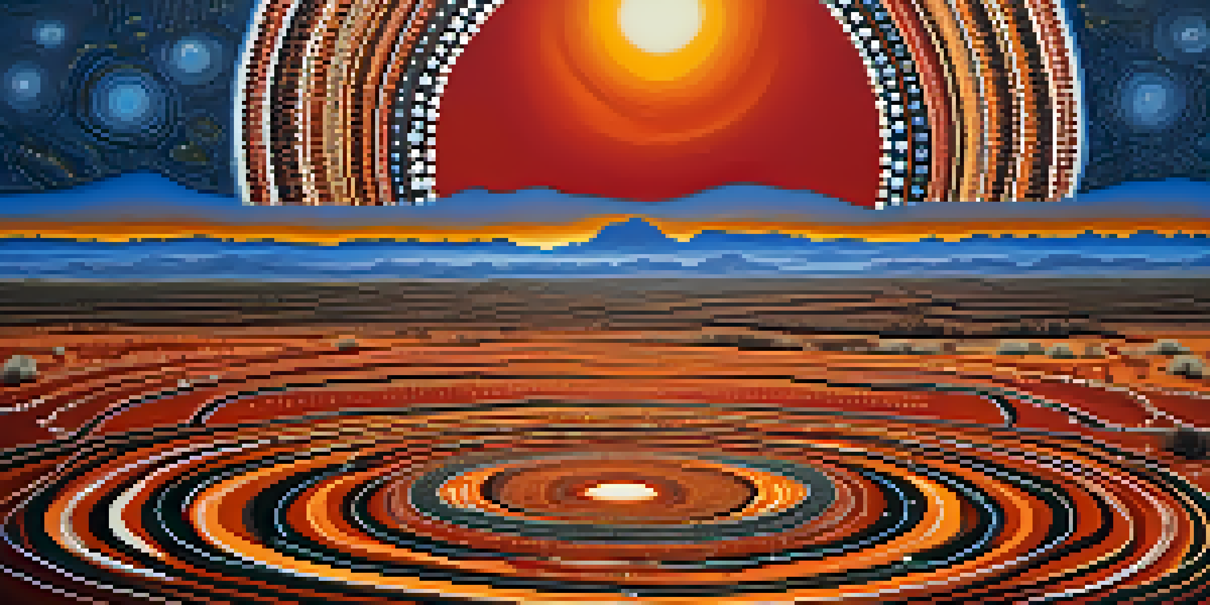 An Aboriginal art piece showing a Dreamtime story with colorful patterns, concentric circles, and a red desert landscape under a blue sky.