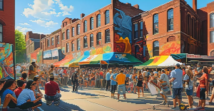 A lively street art festival with artists painting murals, spectators enjoying the event, and food stalls under warm sunlight.