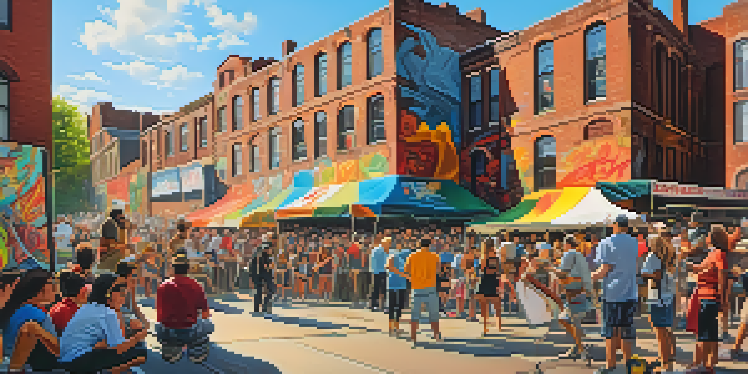 A lively street art festival with artists painting murals, spectators enjoying the event, and food stalls under warm sunlight.