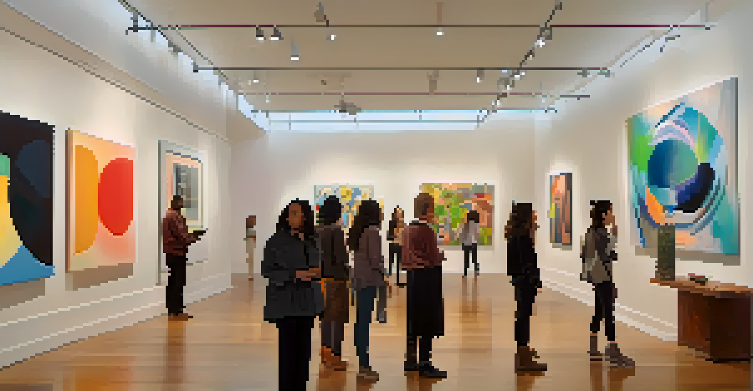 A diverse group of contemporary artists discussing their artwork in a colorful modern art gallery.