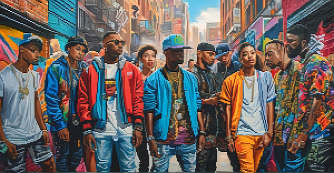 A group of diverse individuals in vibrant streetwear against a colorful graffiti backdrop, showcasing unique cultural influences and personal styles.
