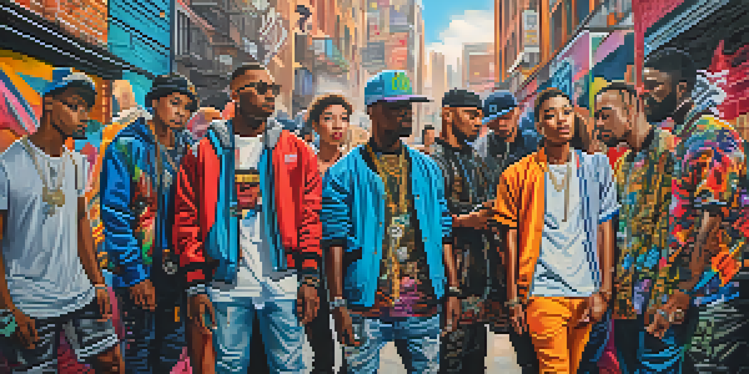 A group of diverse individuals in vibrant streetwear against a colorful graffiti backdrop, showcasing unique cultural influences and personal styles.