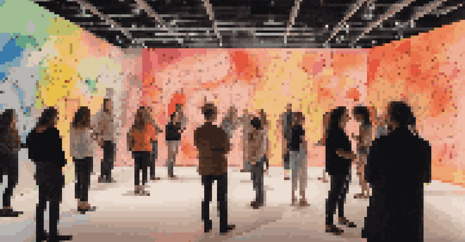 A gallery filled with an audience watching colorful lights and shapes that respond to live music, with intricate patterns on the walls.