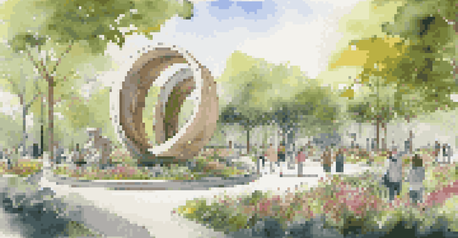 A public art installation in a park with large eco-friendly sculptures surrounded by greenery and flowers, with people engaging with the art.