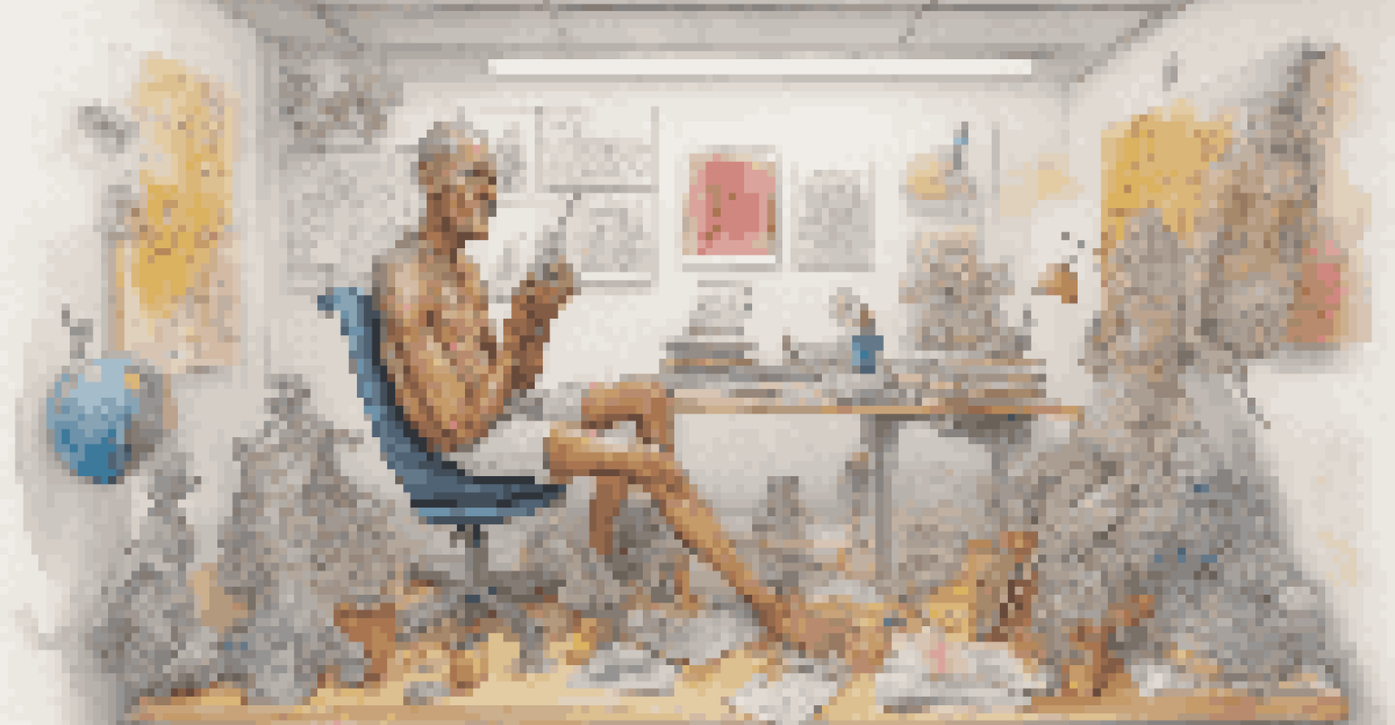 A sculpture of a person on a giant pencil, writing, with colorful doodles around them in a gallery.