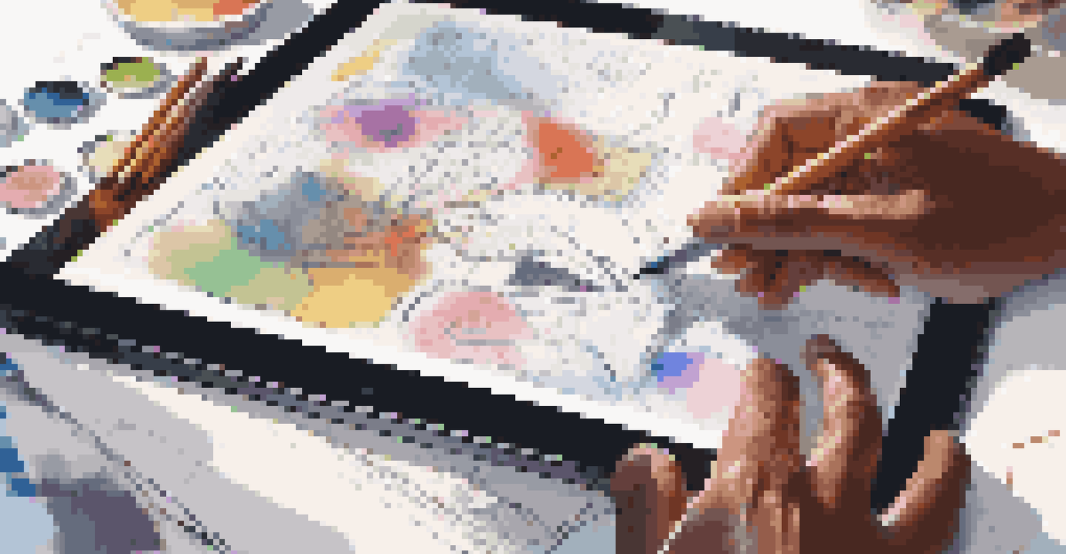An artist's hands using a digital tablet to create colorful artwork, with sketches and notes around.