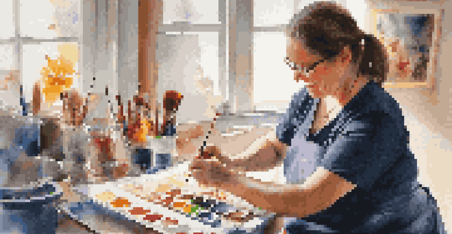 A close-up portrait of a female disabled artist with a prosthetic arm painting in her well-lit studio, surrounded by art supplies and finished artworks, capturing her concentration and joy.