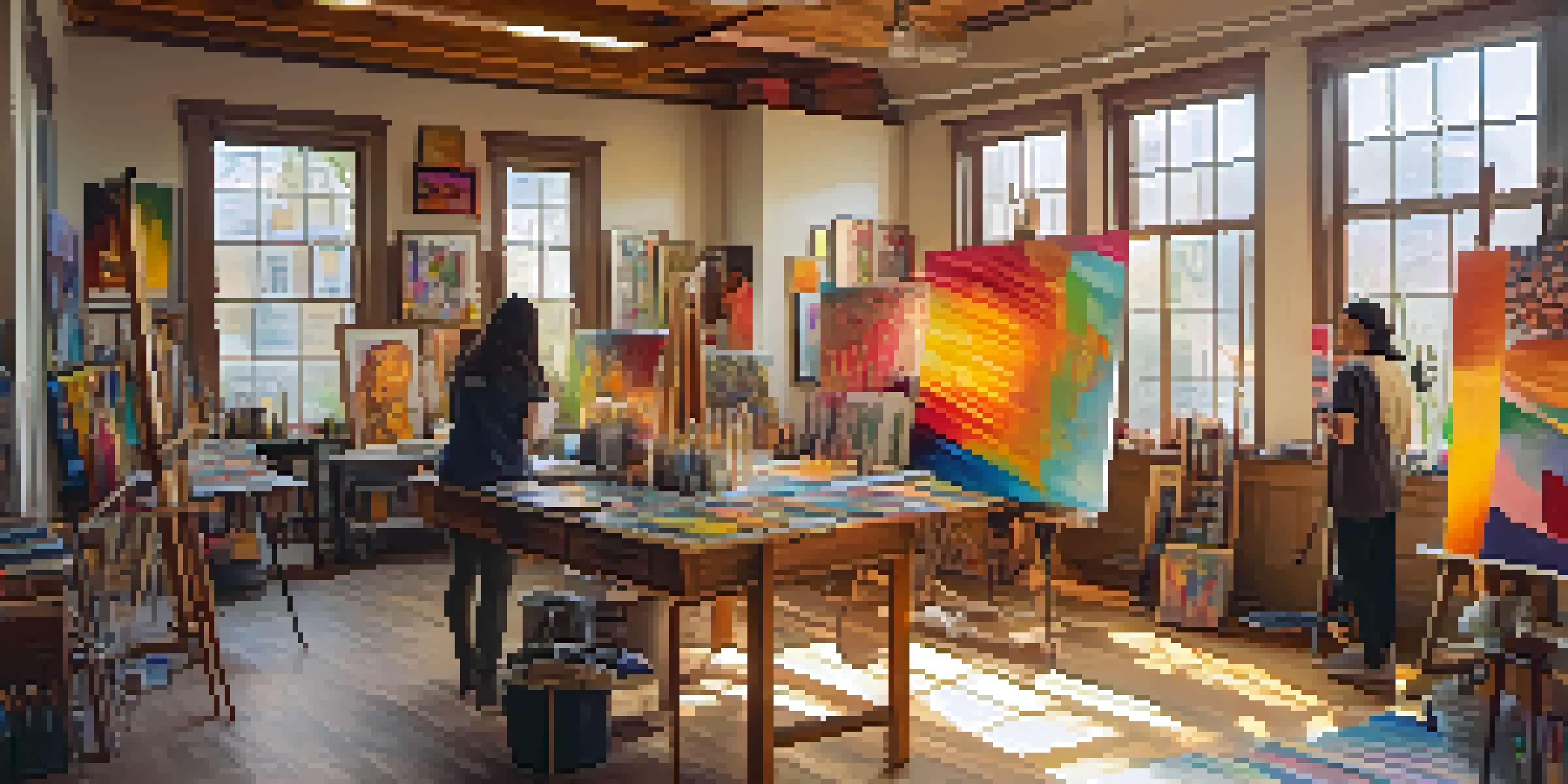 An art studio with diverse artists working on various colorful canvases, illuminated by sunlight.